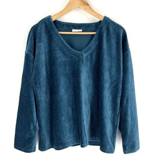 J Jill Top Size Medium Petite Teal Blue Velvet Long Sleeve Velour Stretch Boxy - Picture 1 of 8